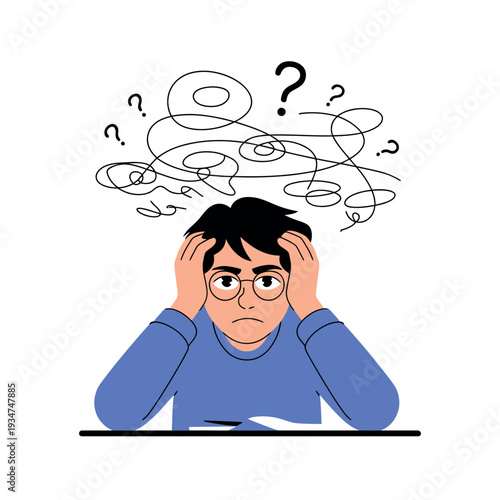 Frustrated student with glasses holding head amidst tangled thoughts and question marks.