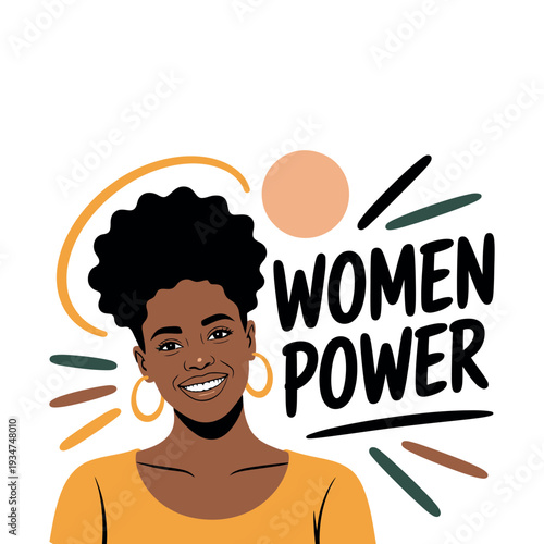 Joyful Black woman with a wide smile expresses powerful confidence with the text 'Women Power' nearby.