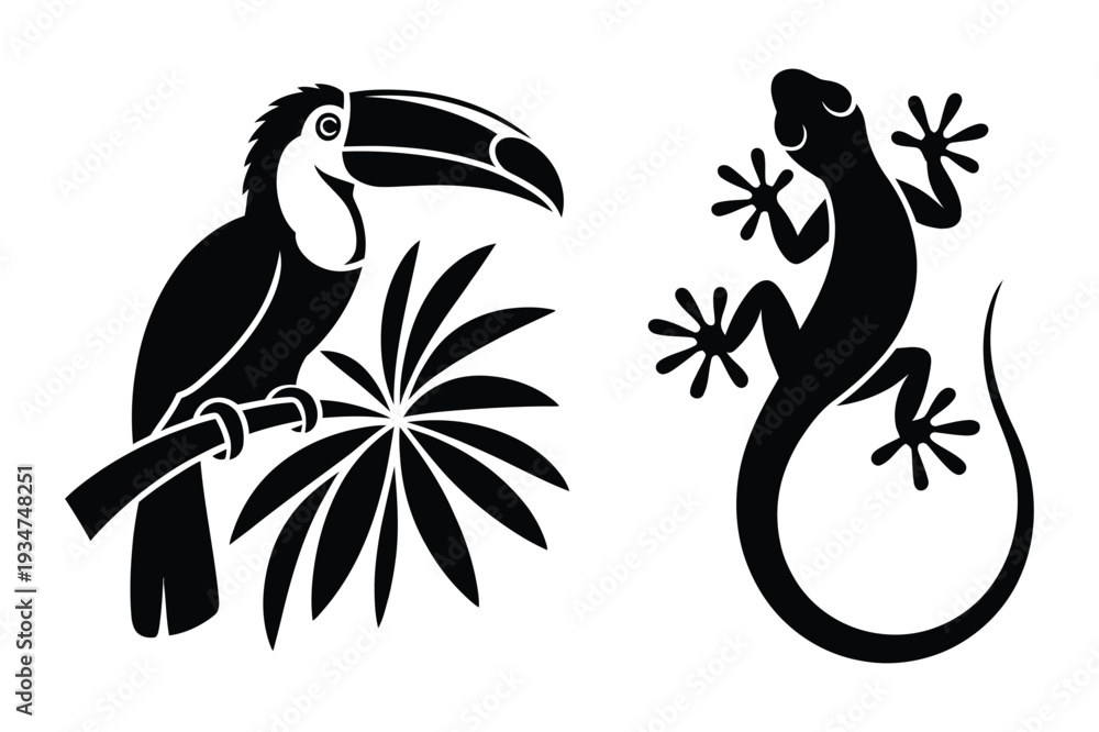 Fototapeta premium Toucan and Gecko Silhouette Illustration