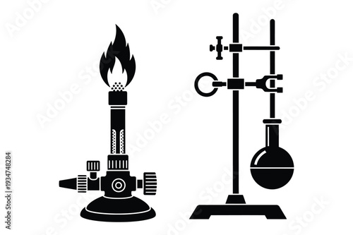 Bunsen Burner and Laboratory Flask Stand - Scientific Research Equipment Vector