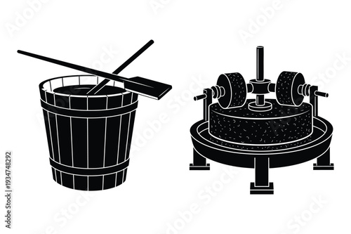 Traditional Wooden Barrel with Paddles and Stone Grinding Mill - Vintage Craft