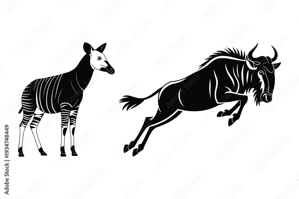 Obraz premium Okapi and Wildebeest Gnu African Wild Animals Vector Art