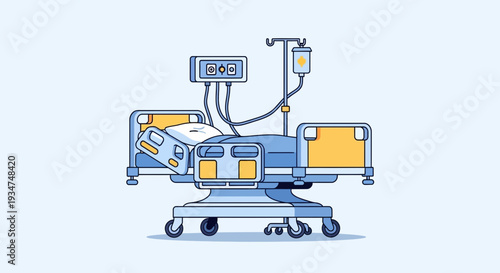 Illustrated Hospital Bed Depicting Patient Care And Healthcare Equipment
