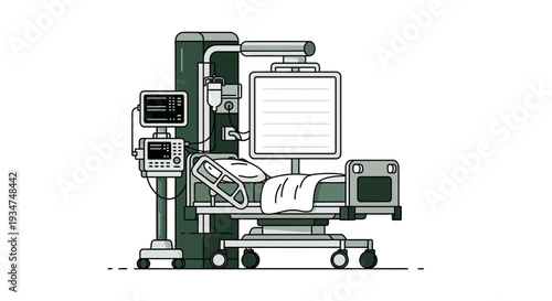 Illustrated Hospital Bed Featuring Medical Equipment in a Modern Clinical Setting