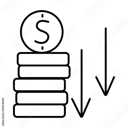 Sharp dollar value drop pictogram. Stack of dollar coins and two arrows down. Sharp dollar fall. Linear vector illustration.