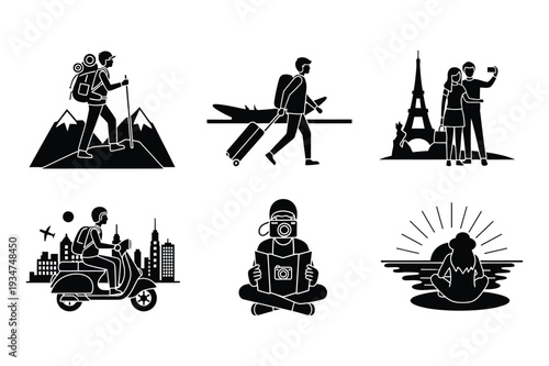 Diverse People Traveling and Enjoying Leisure Vector Icons Set