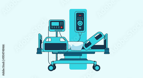 Illustrated Hospital Bed With Medical Devices Depicting Healthcare Technology and Patient Care