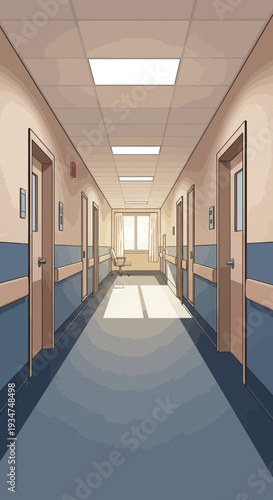 Illustrated Hospital Corridor Depicting Modern Architectural Design And Bright Interior Lighting