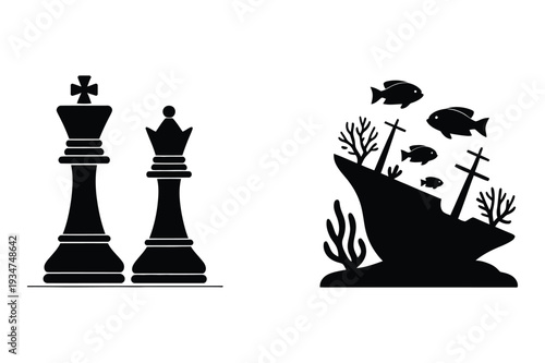 Chess Pieces and Underwater Shipwreck Silhouette Vector Icons