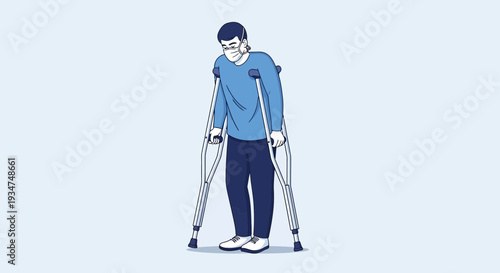 Illustrated Individual Walking with Crutches And Mask Indicating Illness or Injury