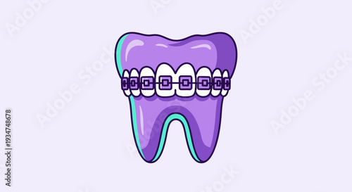 Illustrated Purple Orthodontic Tooth with Braces Symbolizing Dental Care and Health