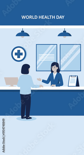 Illustrated Scene Depicting World Health Day Event At A Modern Medical Reception Area