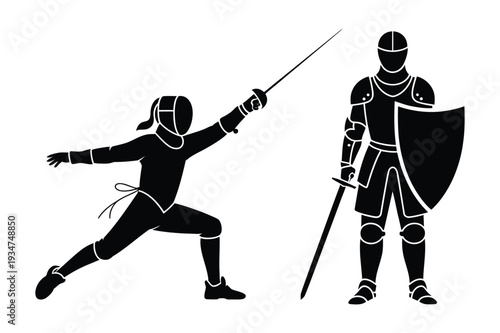 Fencing Sport Athlete & Medieval Knight Armor Silhouette Vector