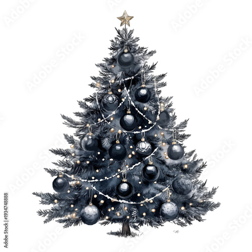 Elegant Christmas tree with black ornaments and silver star topper
