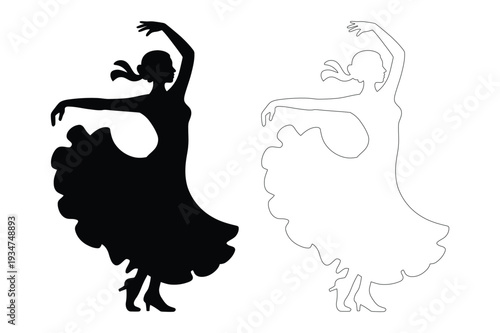 Energetic Flamenco Dancer Woman Silhouette & Outline Vector