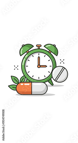 Illustrated Medicine Schedule Concept Depicting Pills Beside a Green Alarm Clock Icon