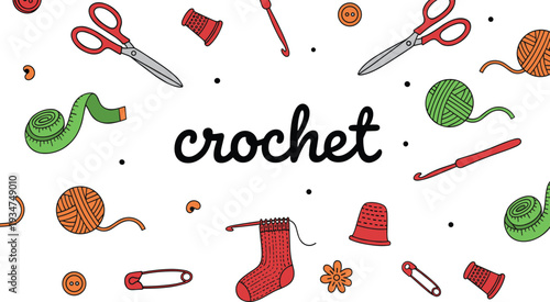 Crochet and knitting tools illustration set, colorful sewing supplies pattern with yarn balls, scissors and needles