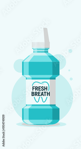 Illustrated Mouthwash Bottle Depicting Oral Hygiene for Dental Health and Fresh Breath