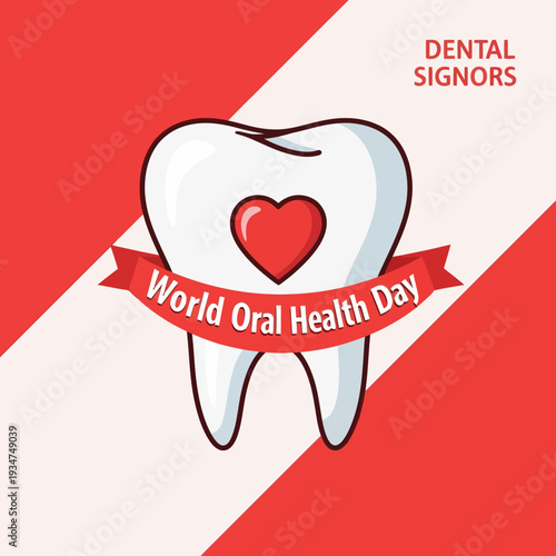 Illustrated Tooth Symbolizing World Oral Health Day with a Red Ribbon and Heart Graphics