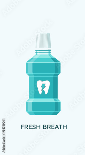 Illustrated Mouthwash Bottle Depicting Oral Hygiene Promoting Fresh Breath and Dental Health