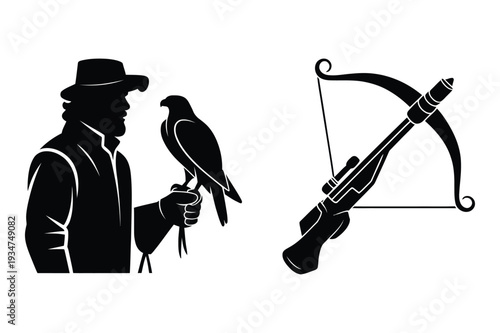 Falconer with Falcon and Crossbow Hunting Silhouette Icons
