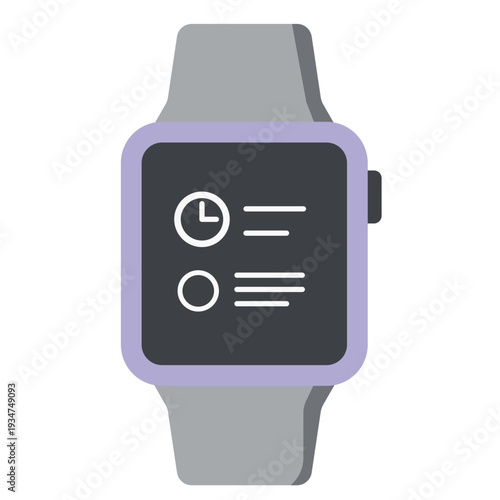 Purple smartwatch with notification display perfect for fitness tracking, time management, and modern wearable technology with flat design.