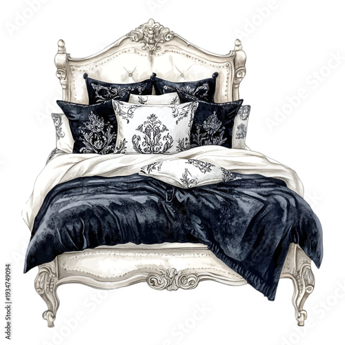 Luxury French provincial bed with ornate headboard and black velvet bedding
