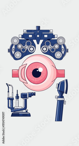 Illustrated Ophthalmology Tools And Eye Anatomy Depiction On Light Gray Background