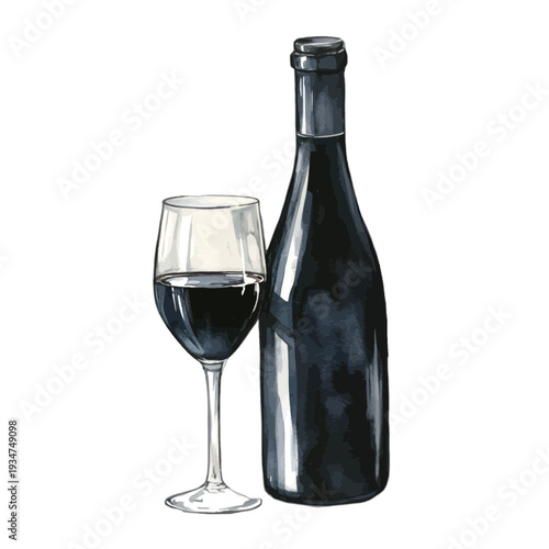 Watercolor Red Wine Bottle and Glass of Wine Drinks Clipart Isolated on White