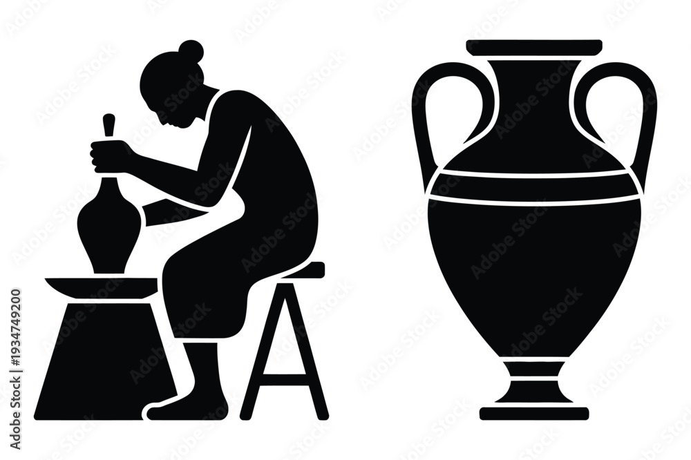 Obraz premium Ancient Artisan Pottery Craft and Amphora Silhouette Vector Icon Set