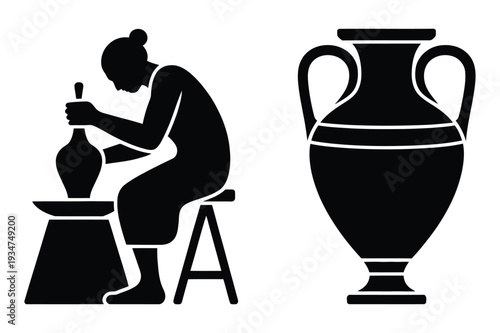 Ancient Artisan Pottery Craft and Amphora Silhouette Vector Icon Set