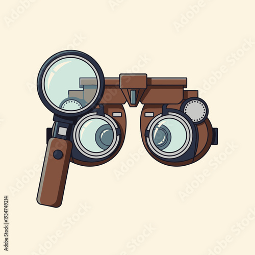 Illustrated Optometry Equipment: Vintage Trial Frame and Magnifying Lens Displaying Precision and