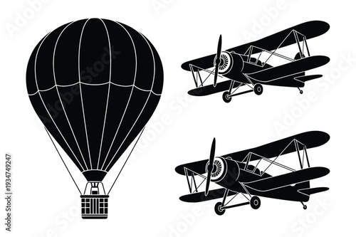 Vintage Air Travel Silhouettes: Hot Air Balloon and Biplanes