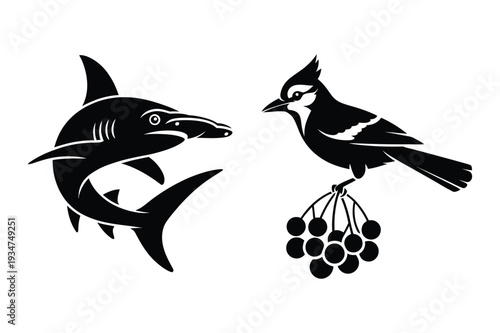 Wild Animals Silhouette Set: Hammerhead Shark and Blue Jay Bird