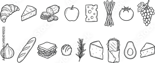 Hand drawn bakery and grocery food icons set, bread cheese fruits vegetables deli products outline vector illustration collection