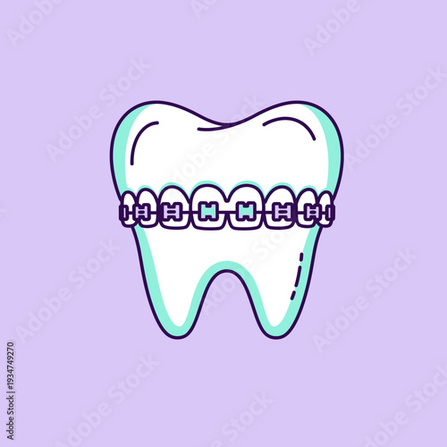 Illustrated Orthodontic Icon Depicting a Tooth Adorned with Braces on a Pastel Lavender Background