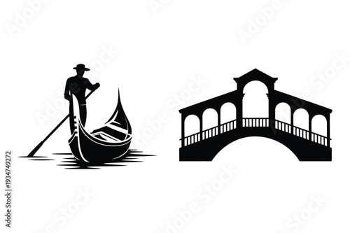 Venetian Gondola and Bridge Landmark Travel Silhouette Icons