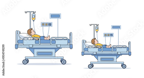 Illustrated Patient Lying In Hospital Bed With Intravenous Drip Infusion Treatment Healthcare
