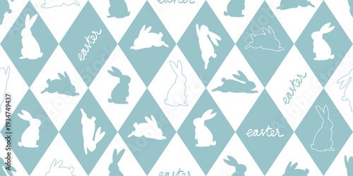 Seamless Easter pattern with bunny silhouettes and Easter lettering in diamond layout. Soft blue pastel palette perfect for textile, wrapping paper and surface design.