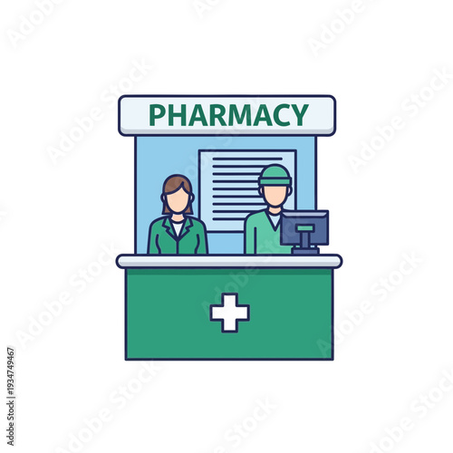 Illustration Depicting a Pharmacy Counter with Two Professionals Ready to Serve Patrons Quickly
