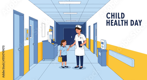 Illustration Depicting A Nurse Guiding A Child In A Hospital Corridor On Health Day