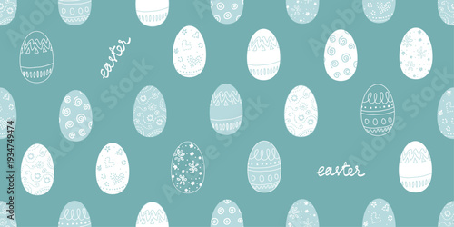 Seamless Easter pattern with decorative eggs and Easter lettering on blue background. Ideal for wrapping paper, textile, wallpaper and seasonal print design