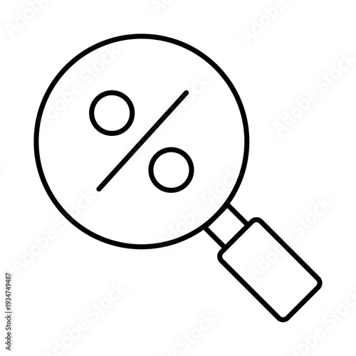 Magnifying glass with percent sign inside. Studying, analyzing, searching profitable rates, lucrative deposits, loan conditions.