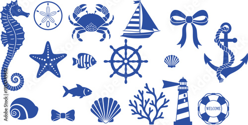 Nautical marine icon collection, blue sea life symbols including anchor, lighthouse, sailboat and starfish