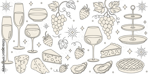 Hand drawn wine tasting pattern with grapes cheese strawberries oysters glasses, elegant gourmet food outline vector illustration