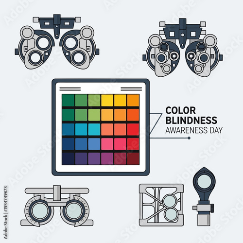 Illustration Depicting Color Blindness Awareness Day with Vision Testing Instruments