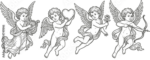 Vintage cupid angel collection with harp heart rose bow arrow, detailed engraved style romantic vector illustration set