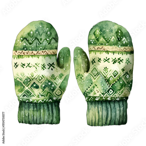 Watercolor green knit mittens with Nordic pattern and snowflake design