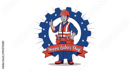 Happy labor day illustration with construction worker giving thumbs up surrounded by gear and stars
