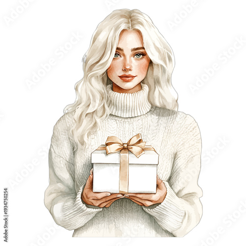 Fashion illustration of a blonde woman in a white sweater holding a gift box